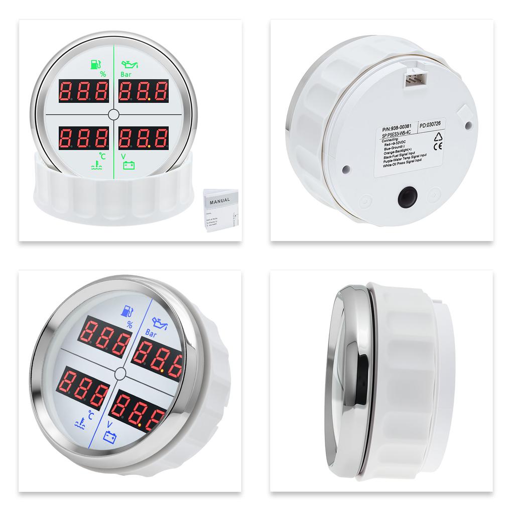 N Digital 52mm 85mm Car 4 In 1 Multifunction Gauge Fuel Level Oil Pressure Water Temp Meter Voltmeter with 8 Colors Backlight