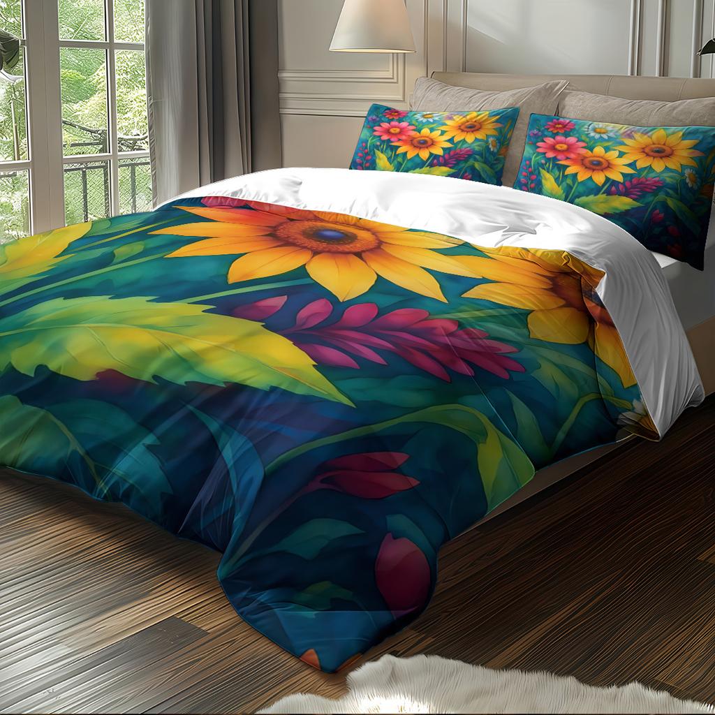 Dreiteilige Sonnenblumen-Bettwäsche mit Sandfinish, Blumendeckenbezug, Digitaldruck-Bettwäscheset