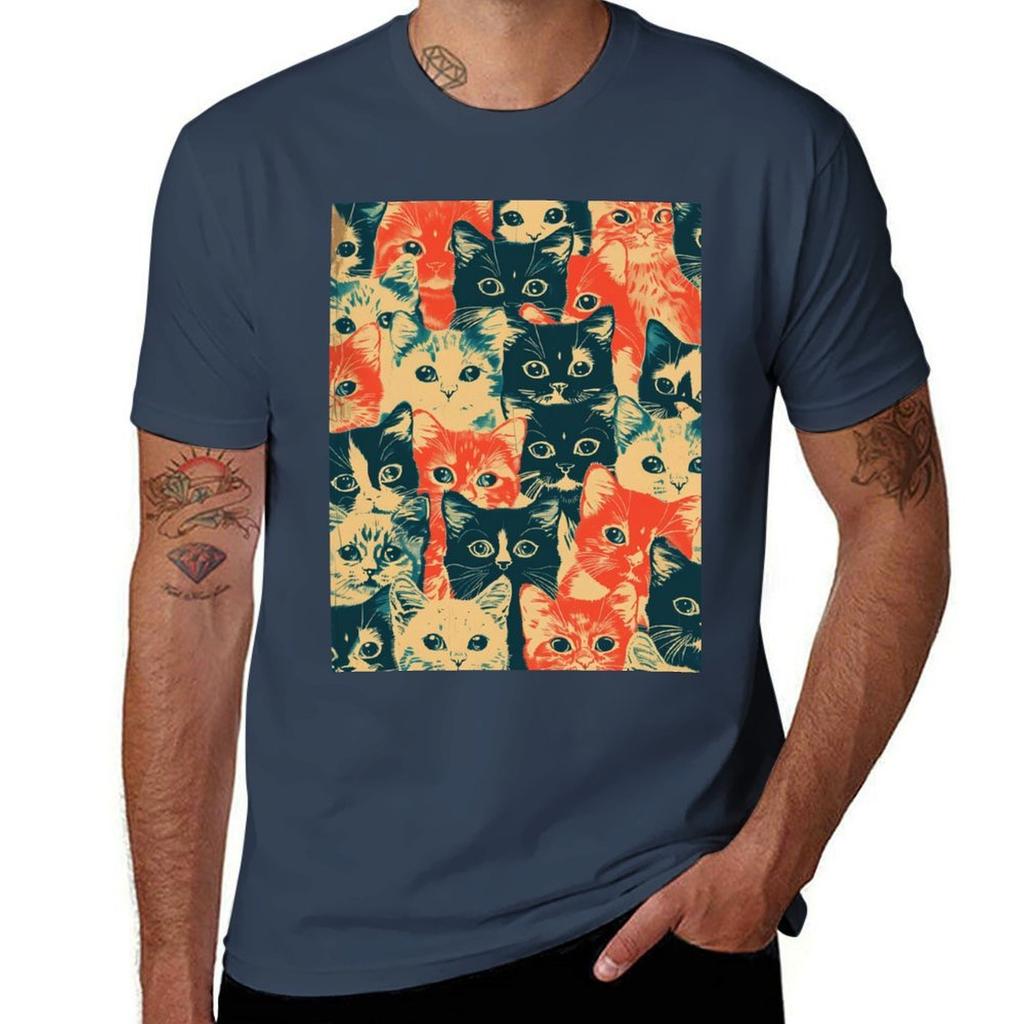 Funny Cats Kittens Pattern Art Cute Vintage Art Tshirt Large Size Basic Casual Tshirt