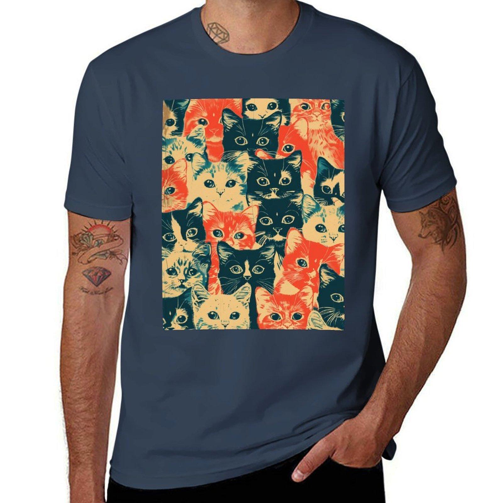 Funny Cats Kittens Pattern Art Cute Vintage Art Tshirt Large Size Basic Casual Tshirt S