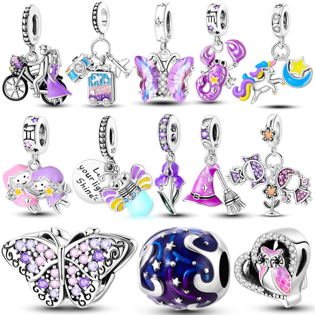 925 Copper Purple Series Beads Clip Flower Heart Star Charms Butterfly Grapes Dangle Fit Original Bangle Bracelet Zircon Gift