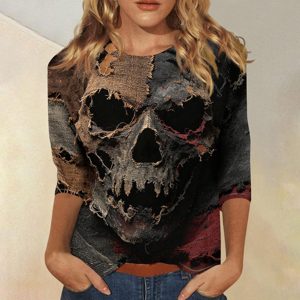 Women Casual Three Quarter Sleeve Halloween Skull Print Round Neck Top Lightweight Comfortable Fit Blouse for Everyday Wear
