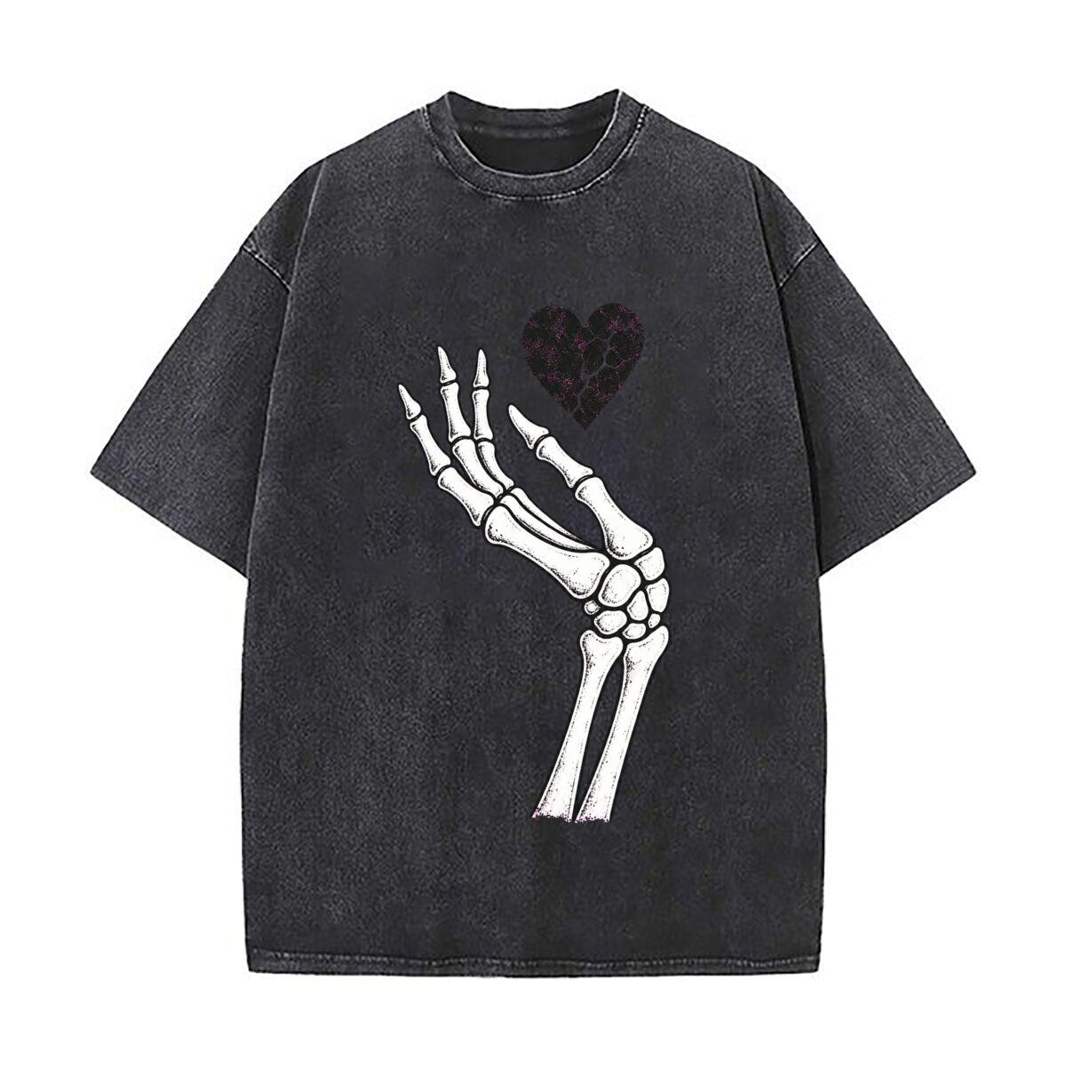 Gothic Skeleton Palm Holding Dark He Loose Solid Distressed T Shirt American Casual Crew Neck Top S