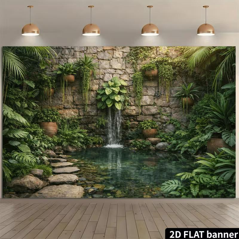2D Tropical Courtyard Waterfall Backdrop for Nature, Outdoor & Greenery Photography