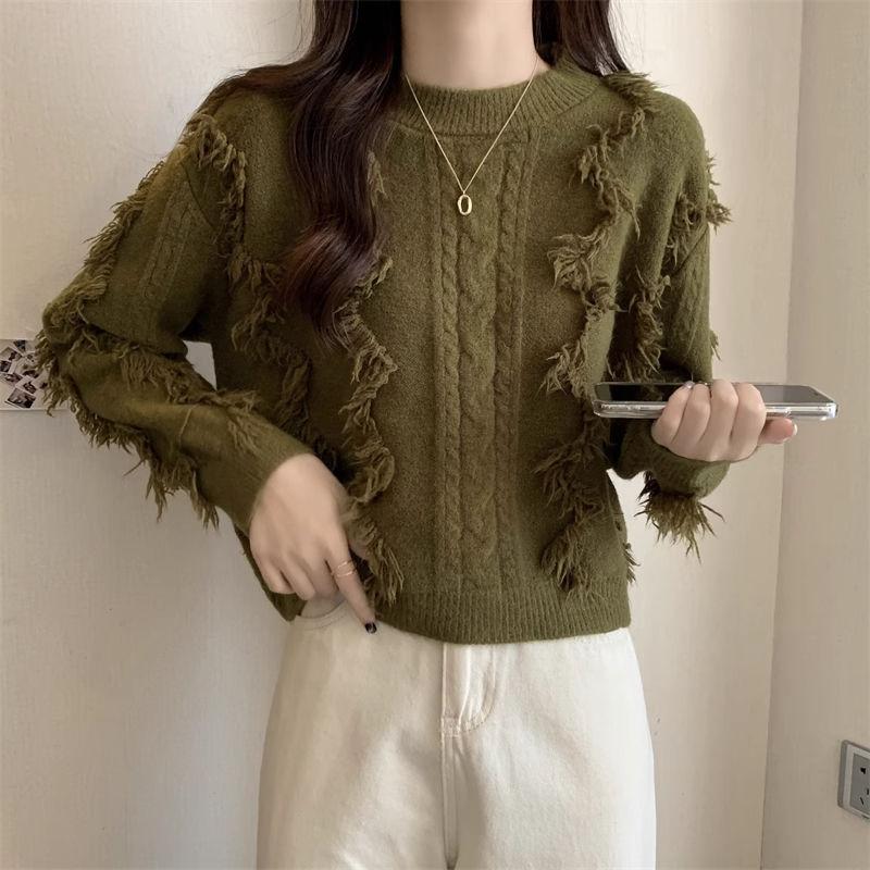 

Короткий свитер с круглым вырезом Tassel Sensation, свободный новый свитер для ленивых и повседневных дел XL армия зеленый