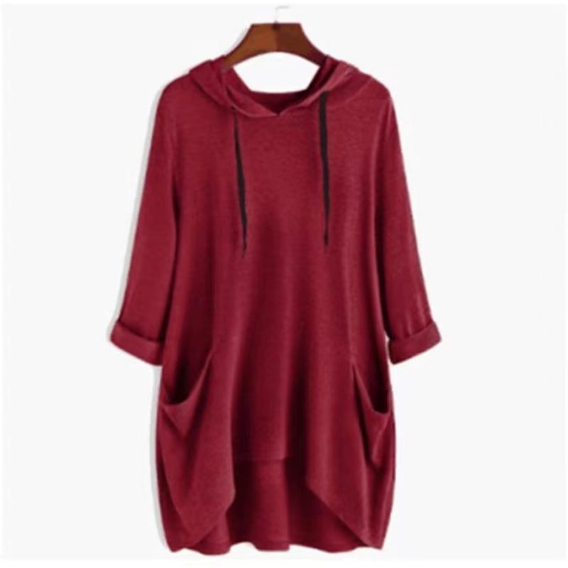 Spring Autumn Women's Hooded Solid Color Loose Long T-shirt Irregular Long Sleeve Pocket Pullover Top