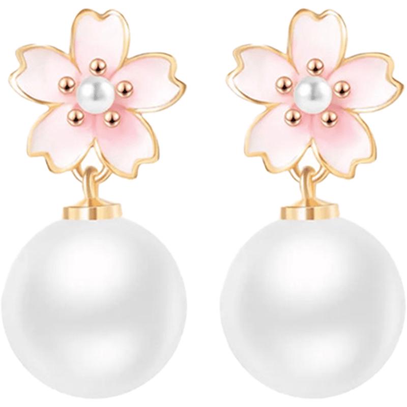 Zhou Baifu Cherry Blossom Pearl Silver Stud Earrings