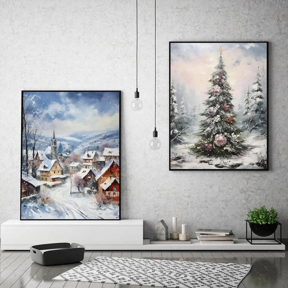 Christmas Tree Wall Art Decor Santa Claus On Swing Posters Prints Snowman Deer Winter Canvas Painting For Festival Decoration