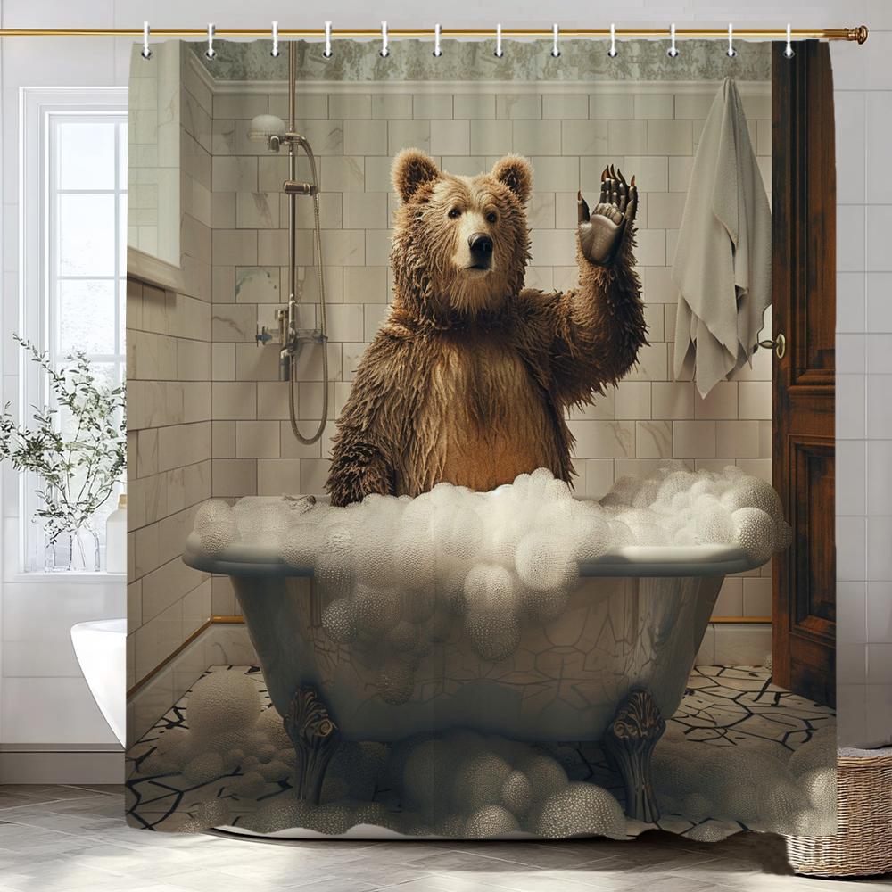 Cute Brown Bear in Bath Shower Curtain, Bathroom Decorative Shower Curtain, Waterproof Shower Curtain with Hooks