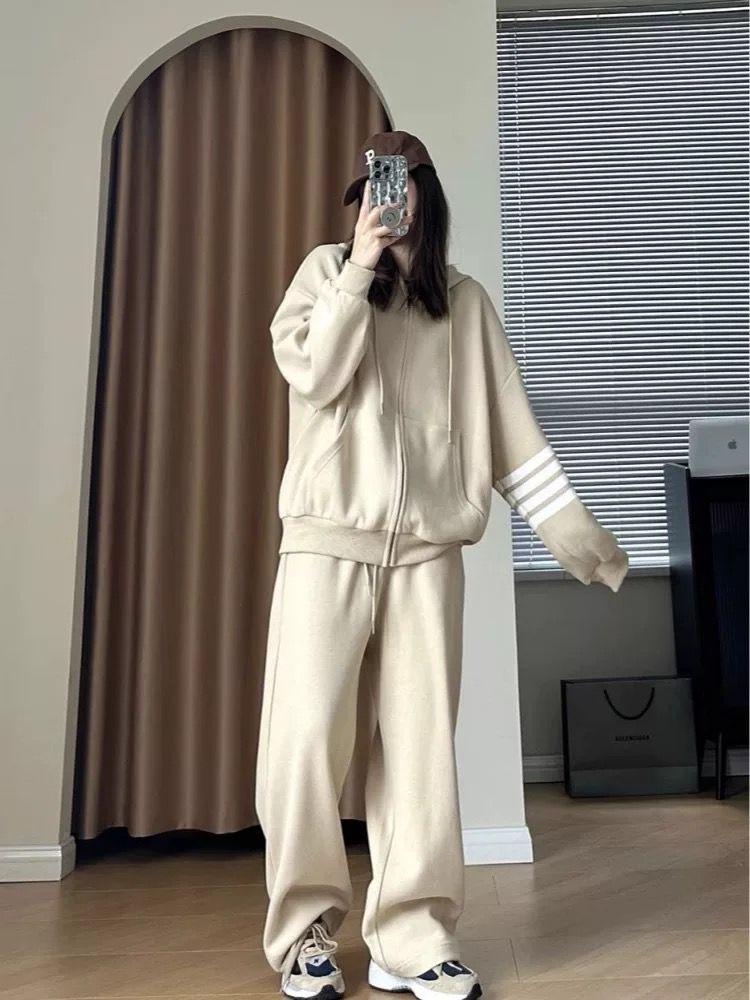 Women's Plus Size Fleece-Lined Two-Piece Casual Sweatshirt Set – Lazy Style Fall/Winter Trend