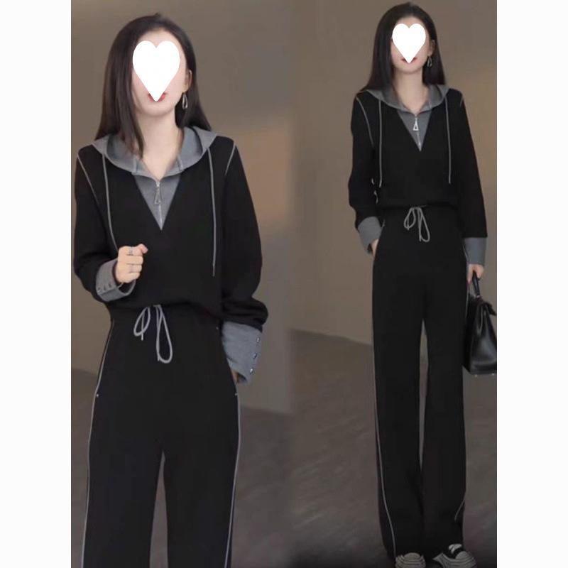 

Модный Повседневный Костюм для Женщин, Осенний Стиль, Имитация Двух peças, С Длинным Рукавом, Широкие Брюки, Верхняя Одежда, Комплект из Двух Предметов 4XL чёрный