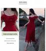 French Retro Red Spaghetti Strap Ruffle Dress - Women's Summer Beach Vacation Elegance
