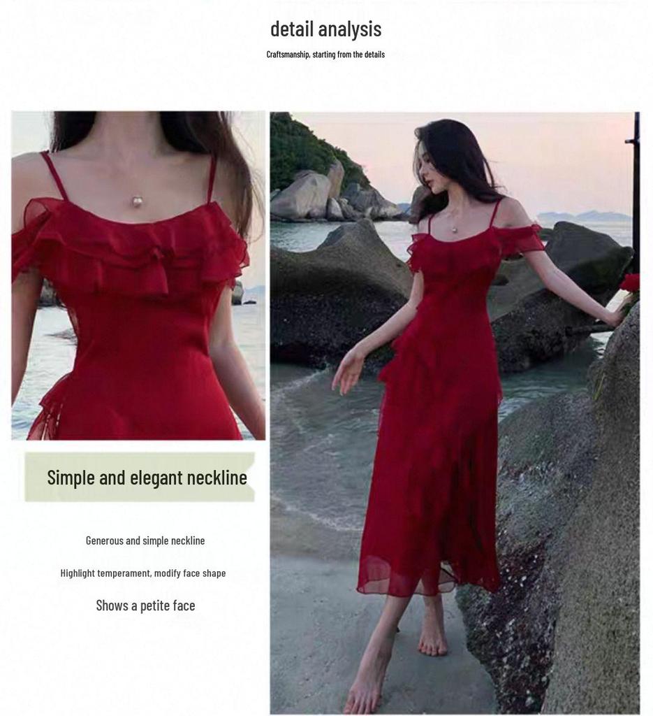 French Retro Red Spaghetti Strap Ruffle Dress - Women's Summer Beach Vacation Elegance
