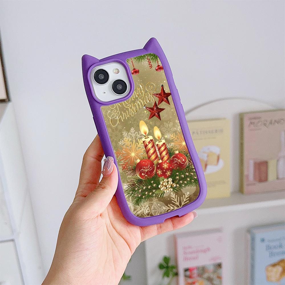 Cat Ear Soft Phone Case for iPhone 16 15 14 13 12 Pro Max Anti-Drop Transparent Acrylic Back Cover NY36 New Year Christmas Santa Claus Christmas tree