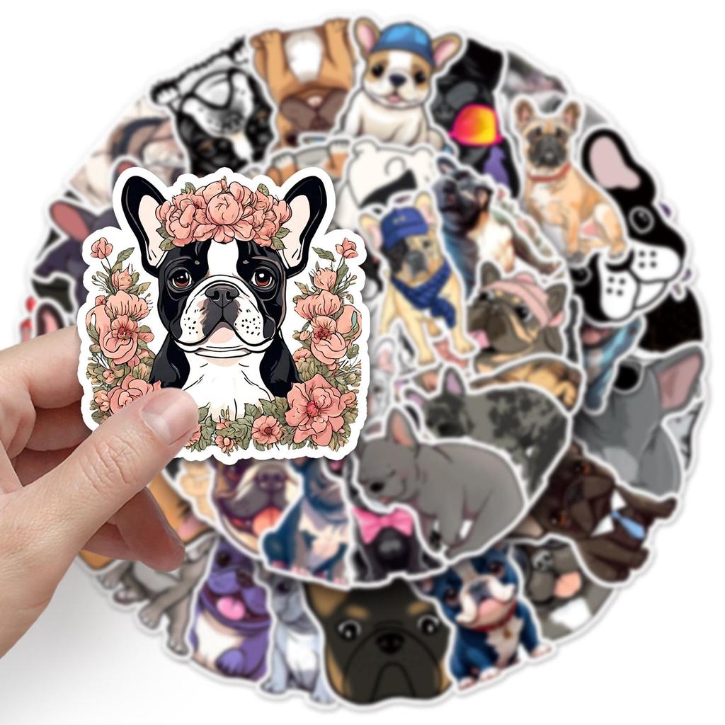 50pcs Cute French Bulldog Cartoon Stickers - Waterproof Pet Animal Decorations for Water Bottles