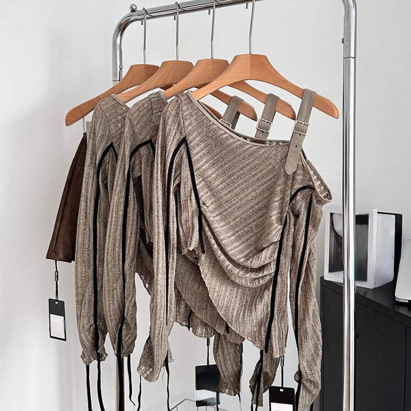 Herbst Frau Unregelmäßige Design Trikots Gyaru Langarm Cropped Tops Slash Neck Pullover Y2k Streetwear 2000er Jahre Ästhetische Vintage