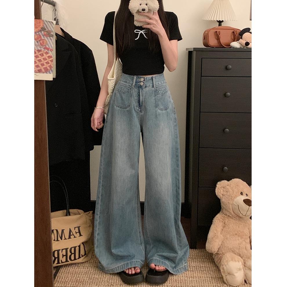 American retro design wide-leg jeans women s summer high-waisted large-size loose and thin floor-mopping straight-leg pants XS