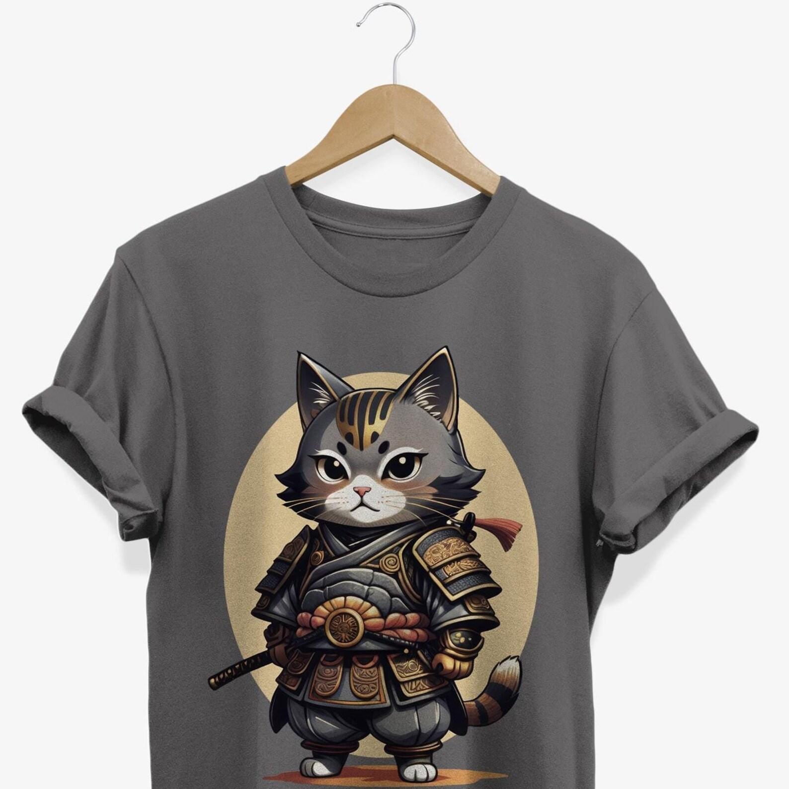 Kawaii Samurai Cat T-shirt: Japanese Kitten Graphic Tee 2XL