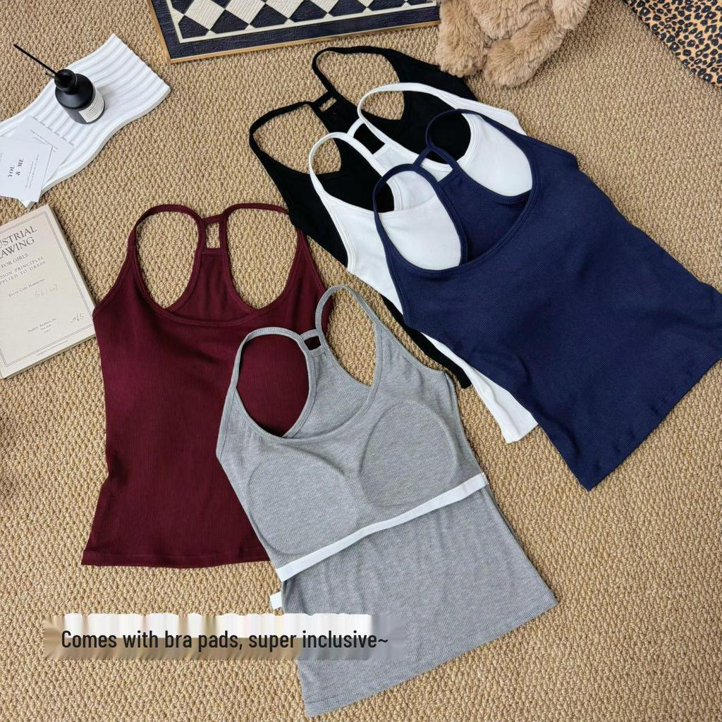 Women's Summer Hot Girl Pure Style I-Back Tank Top with Chest Pad, Solid Color, Versatile Sports Design