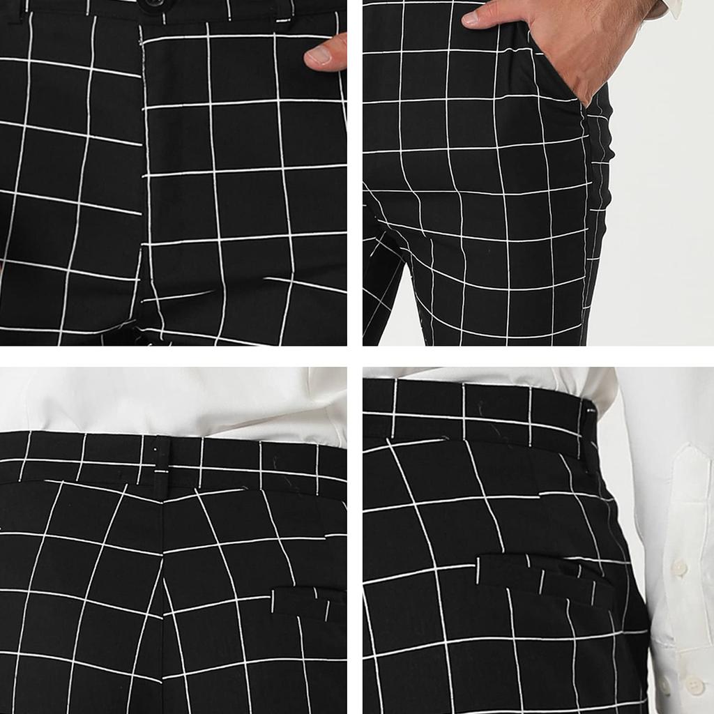 Men's Dress Plaid Slim Fit Flat Front Business Pants With Pockets