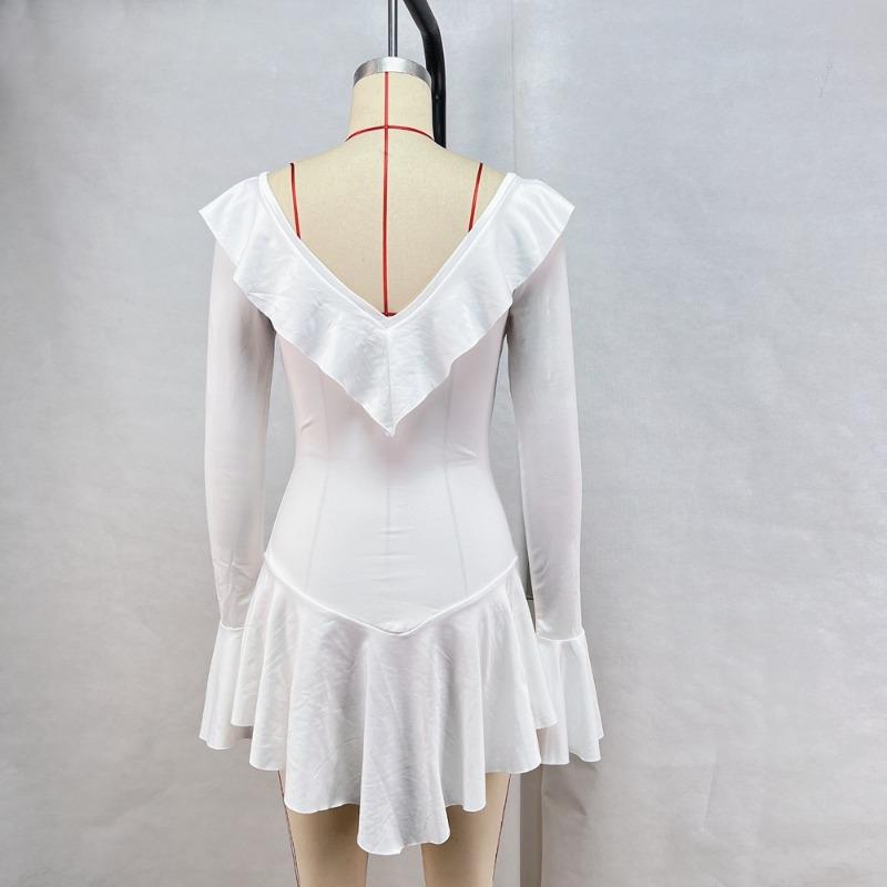 Fashion Sexy Big V Neck Irregular Mini Short Dress Ruffle Edge Flared Long Sleeve Slim Fit Evening Party Dress Streetwear Solid Color Women's Clothing