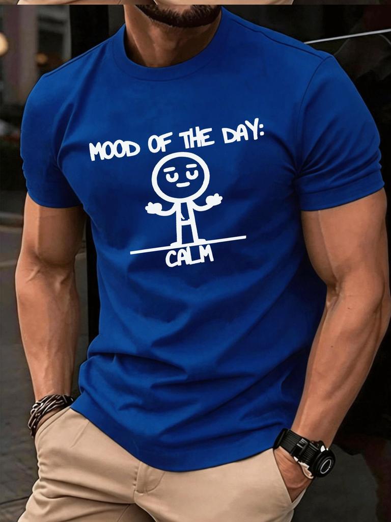 Unisex Crew Neck Tee Calm Mood Stick Figure Letter Print Short Sleeve Oversized Male Daily Casual Soft Breathable Basic Wear Top
