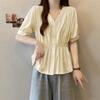 Women Light Blue V Neck Puff Sleeve Elastic Waist Peplum Button Down Casual Blouse