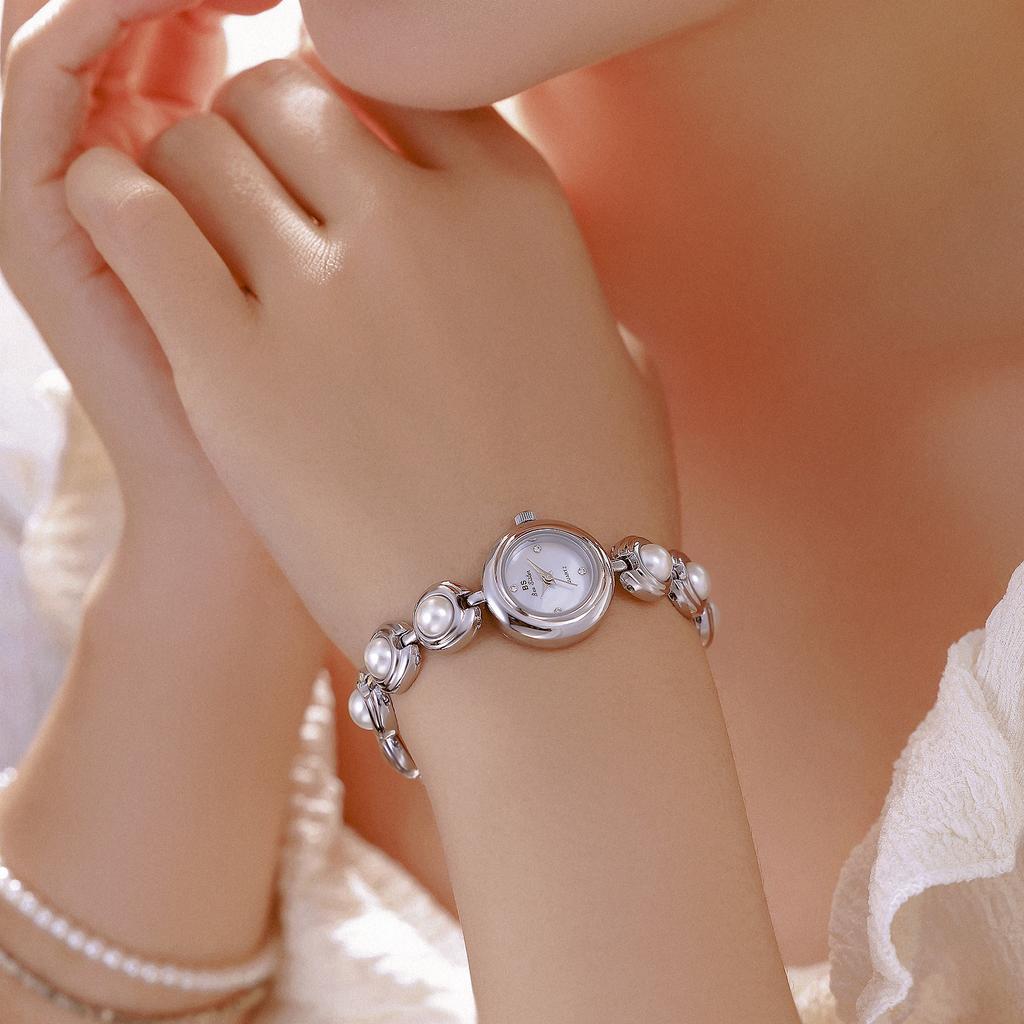 BS Pearl Bracelet Women Watch Quartz Wristwatch Stainless Steel Band Round Ladies Dress Clock Luxury Reloj Mujer Montre Femme