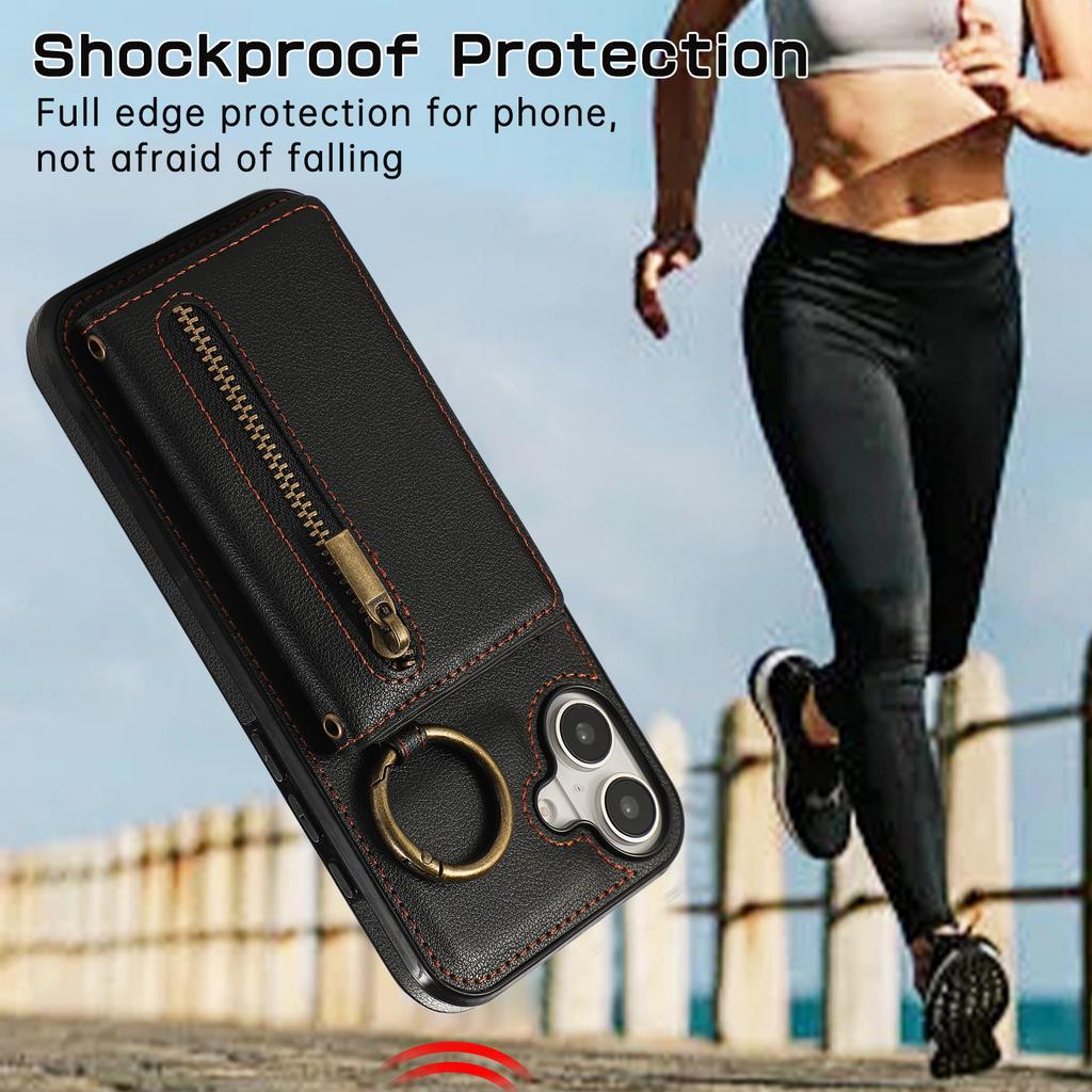 For iPhone 16 Leather Back Cover Zipper Wallet Kickstand Phone Case with Shoulder Strap