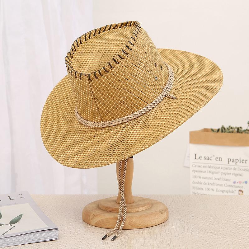 Straw Hat Men's Big Eaves Western Cowboy Hat Big Head Circumference Summer Sun Protection Visor Hat Medium and Old Sun Hat