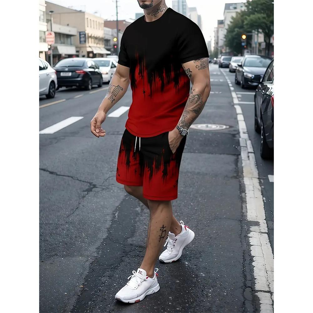 New Gradient Texture T-Shirt Men's Two-Piece Summer New Shorts Suit Fashion 3D Printing Street Casual Sportswear Men's Models