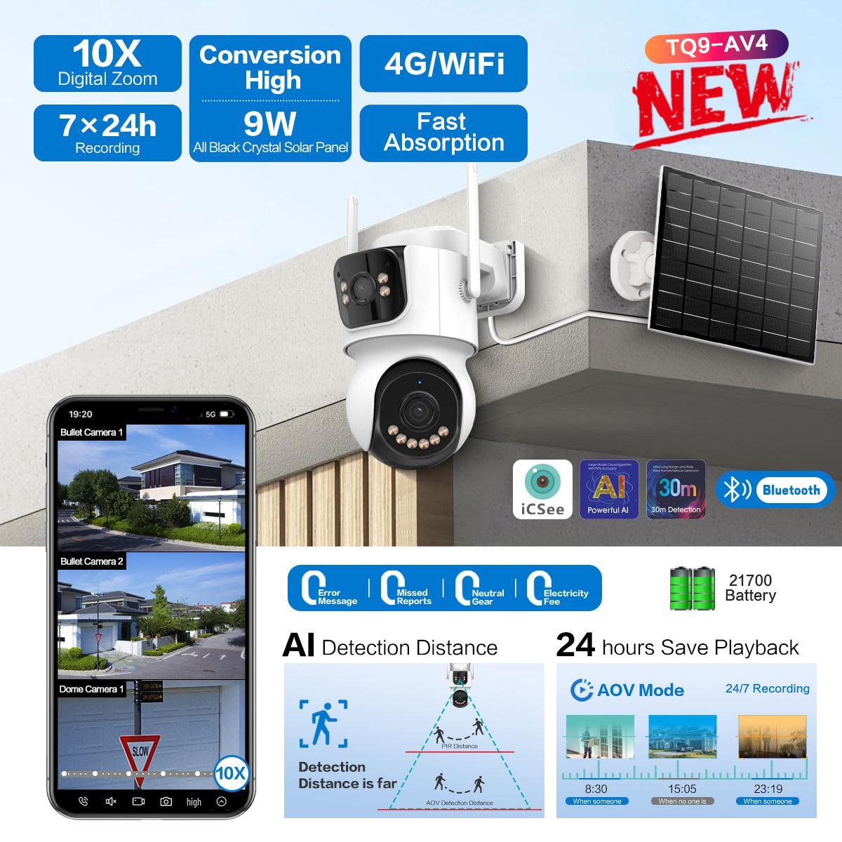 

iCsee 4G AOV Solar Surveillance Camera - Asia-Pacific Version, 24/7 Recording, Binocular Bullet Design, IP Camera Low Power 9W Solar 4G Asia-Pacific Version