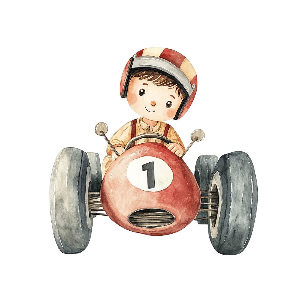 Boy In a Racing Car Poster Boy In a Racing Car Poster, 50X70 Cm, Frameless, Premium Canvas On Stretcher