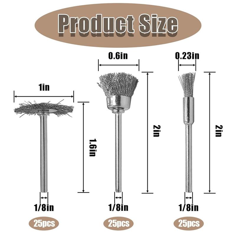 AAAF Wire Brush Set 75 Pieces Steel Wire Brushes Polishing Wheels Full Kit 1/8" Shank Accessories For Rotary Tools
