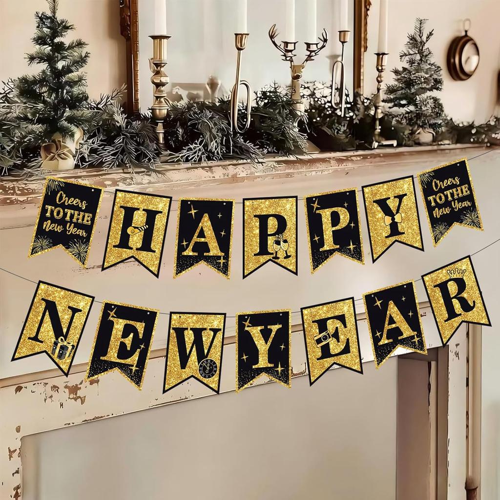 Happy New Year Decorations Hello 2026 Black Silver New Year’s Eve Banner Pre-Strung 2026 NYE Party Backdrop Supplies for Home Office School Public