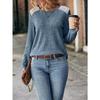 Women Long Sleeve Ribbed Lace Patch Round Neck Casual Top