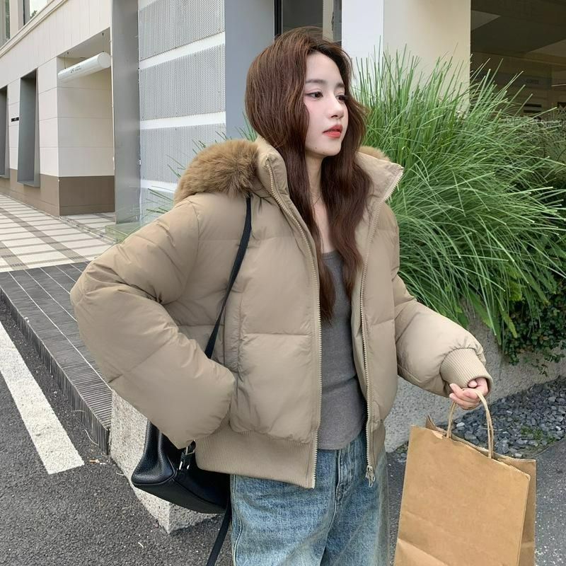 Small Waist Version of Down Cotton Jacket Women's Winter Short White Slim Detachable Fur Collar Jacket