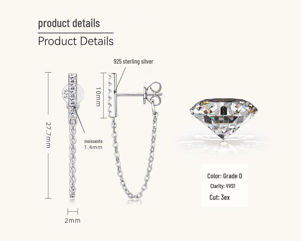 Cercei Stud Moissanit Stil Coreean, Design Nișă cu Lanț, Bijuterii Argint 925