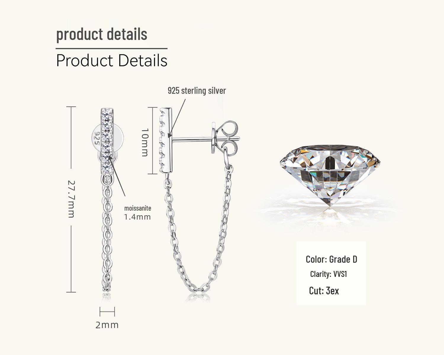 

Серьги-пусеты с муассанитами в корейском стиле, нишевый дизайн с цепочкой, ювелирные изделия из серебра 925 пробы 0.07 Carat + 0.07 Carat белый