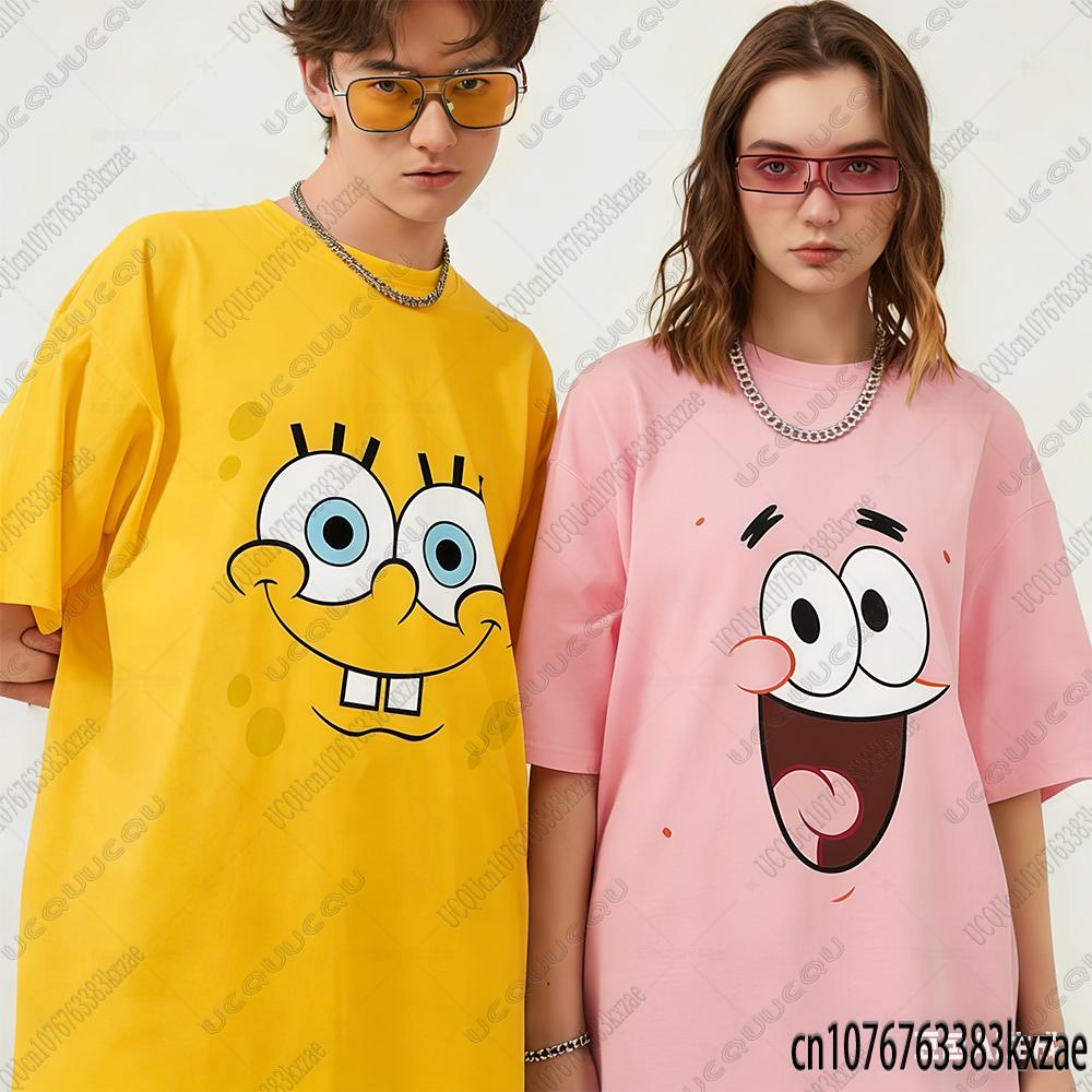 Summer New Cartoon SpongeBob Print T-shirts For Women Casual Street Hip Hop Tshirts Kawaii Sleepwear For Couple Y2K Loose Tops