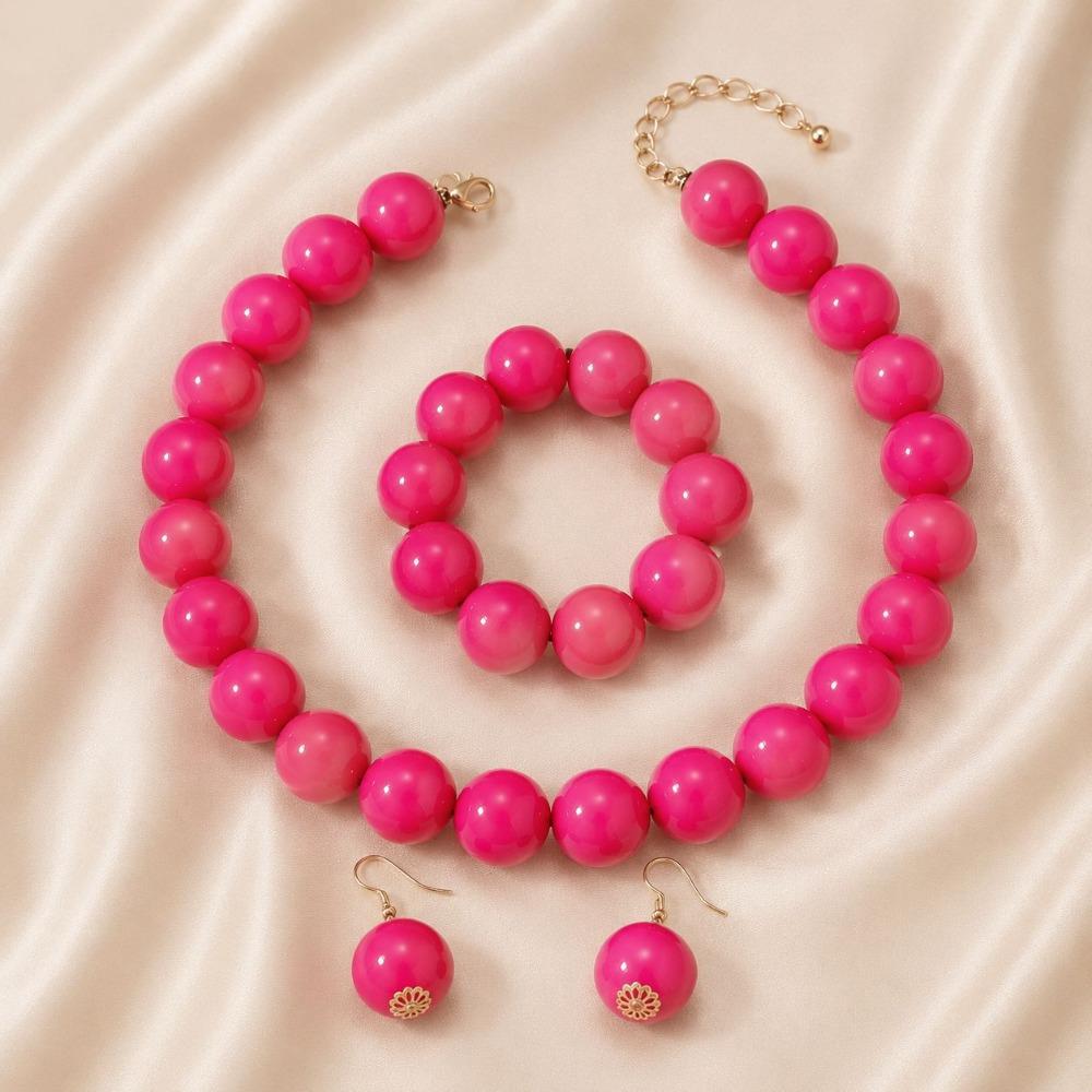 European and American Personality Exaggerated Design Round Bead Handmade Beaded Necklace Niche Retro Necklace Set Three-piece Set