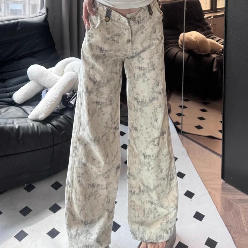 High Street Retro Tie Dye Printed Loose Wide Leg Pants for Women Autumn High Waist Straight Casual Pants Woman Elegant Fashion Ladies Trousers 25109