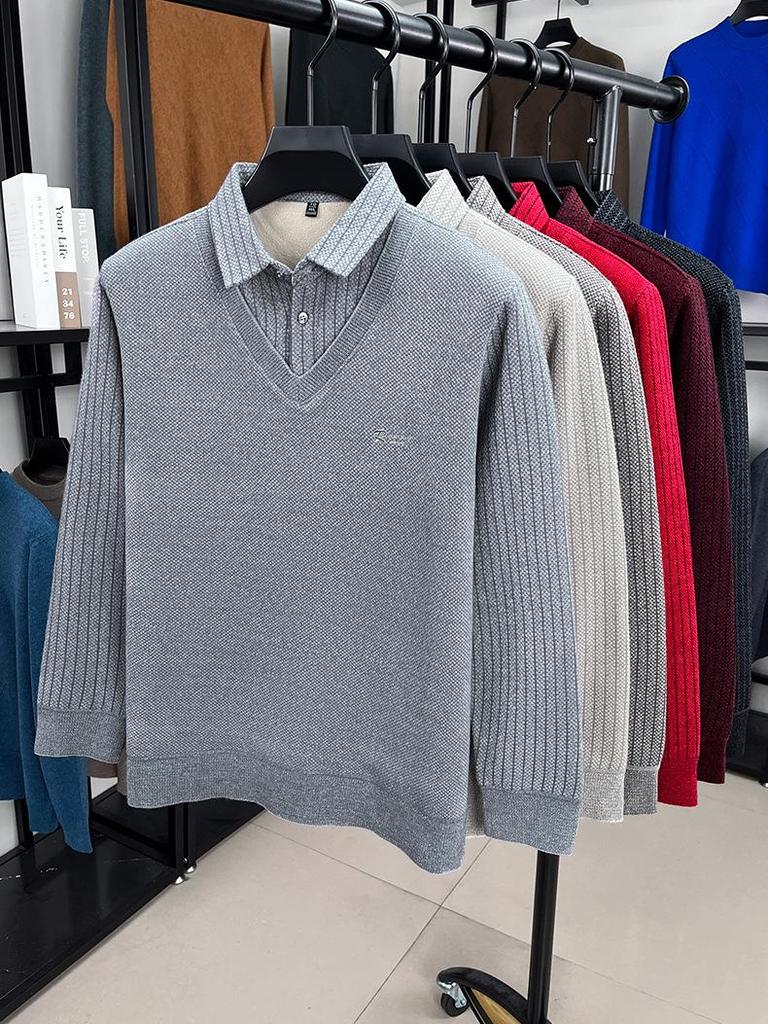 Men's Thickened Velvet Lapel Sweater for Autumn/Winter - Middle-Aged and Elderly Dad Style