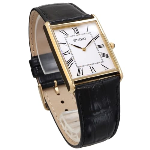 Seiko Men's Square Design Quartz Watch SWR052 with White Dial and Black Leather Band