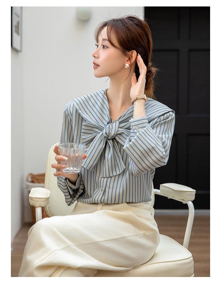 2026 Spring Women's French Chic Lace-Up Striped Long Sleeve Shirt