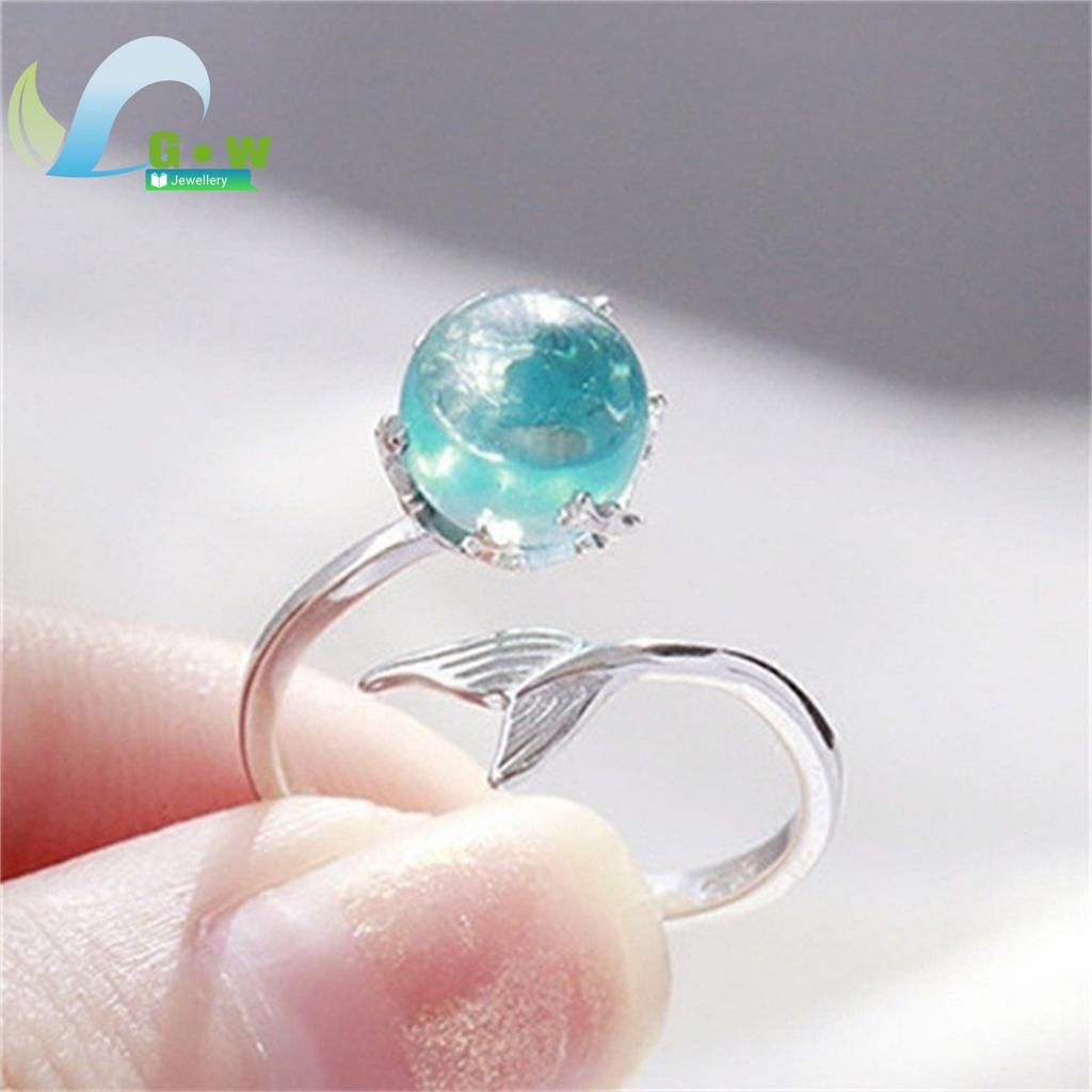 Mermaid Theme Adjustable Open Ring Blue Crystal Fish Tail Korean Minimalist Forest Style Stackable Finger Jewelry for Women Girl