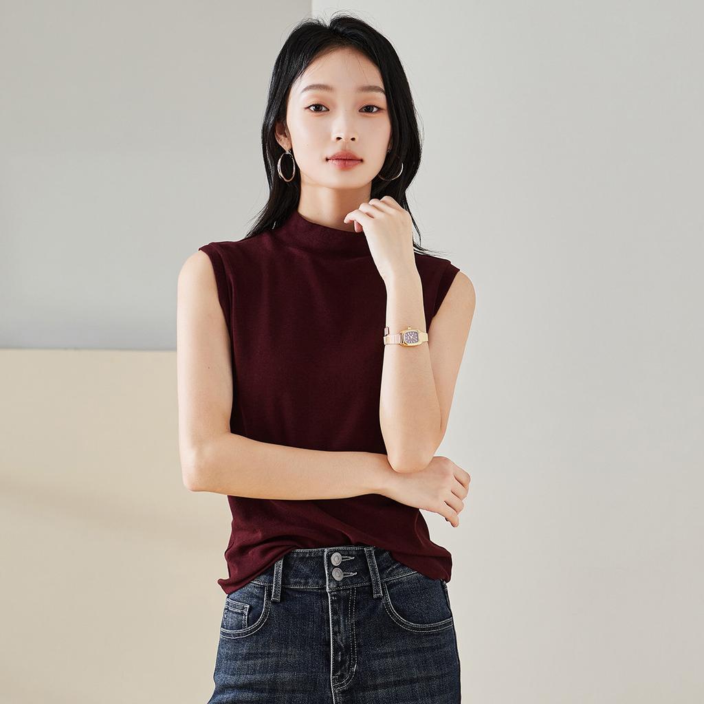 Half high neck sleeveless T-shirt for women