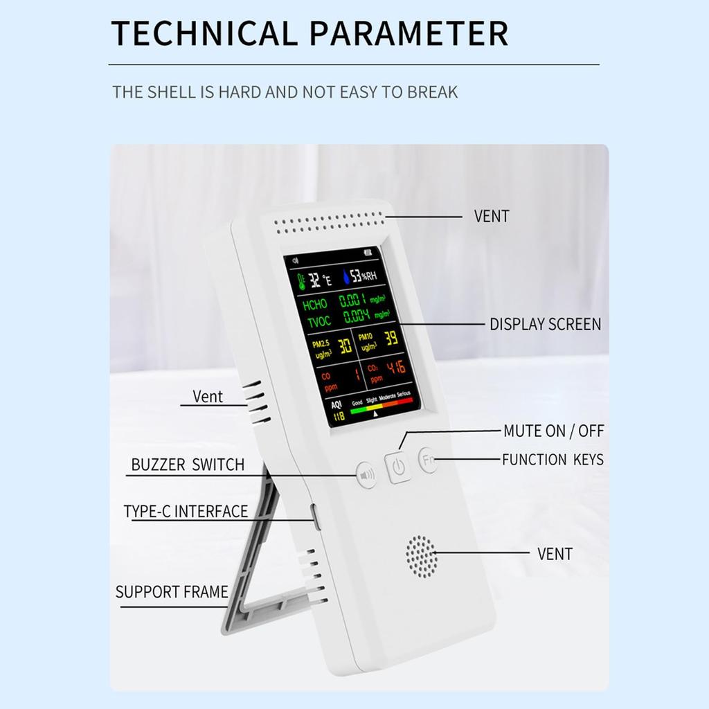 Air Quality Indoor PM10 HCHO TVOC CO2 CO Temperature and Humidity Detector with Backlit LCD Air Quality Tester for Home and Office Monitor, PM2.5