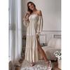New Year's Eve One-word Collar Off-the-shoulder Ruffle Edge Long-sleeved High-split Dress