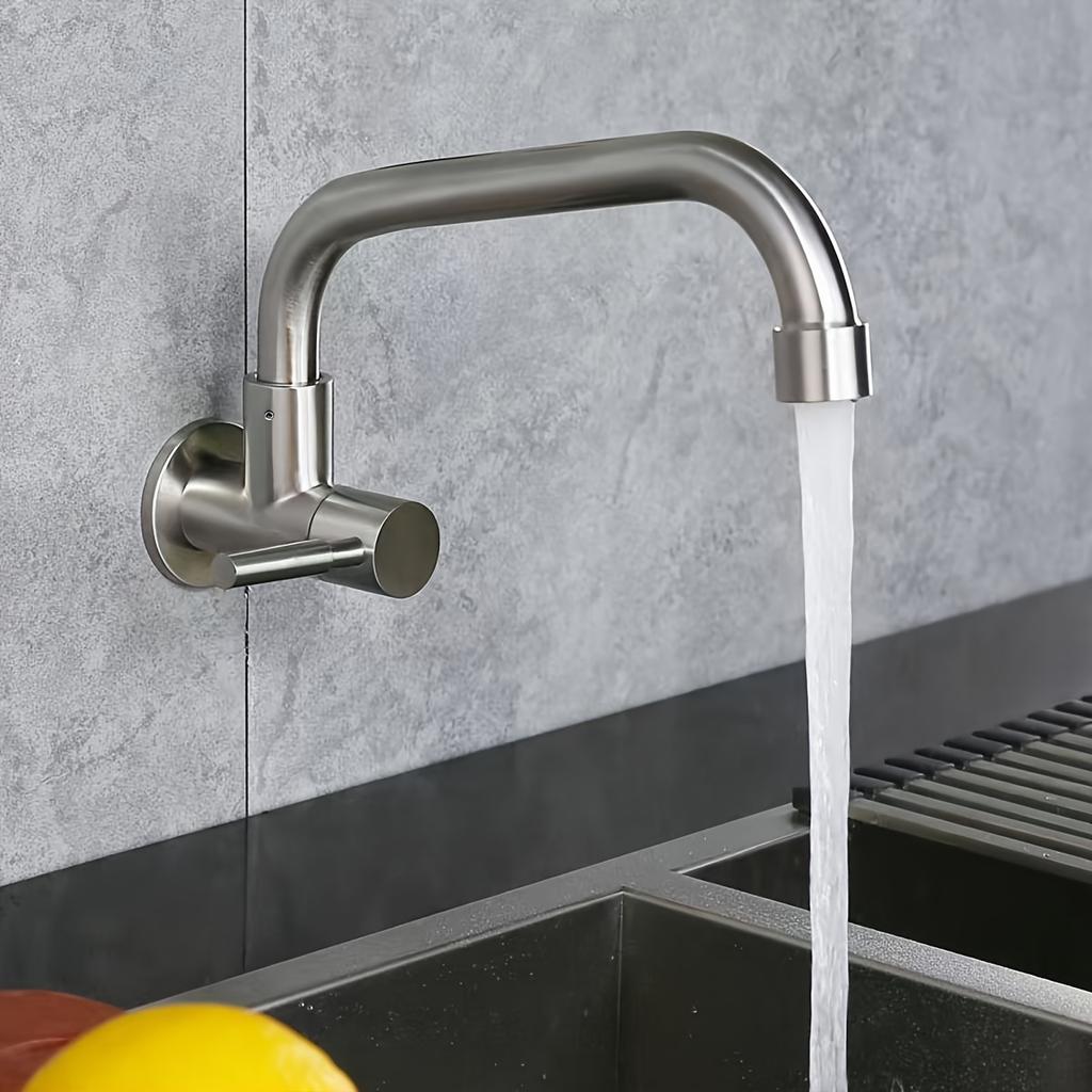 1pc SUS304 Stainless Steel Splash-Proof Faucet Brushed Finish Wall-Mounted Single Cold Faucet with Valve Core, Classic Design for Kitchen Sink Faucet